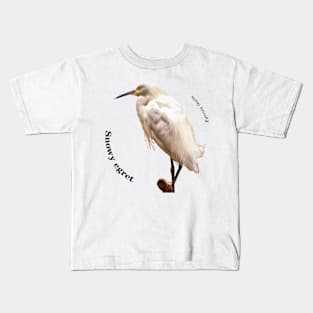 Snowy egret tropical bird pin black text Kids T-Shirt